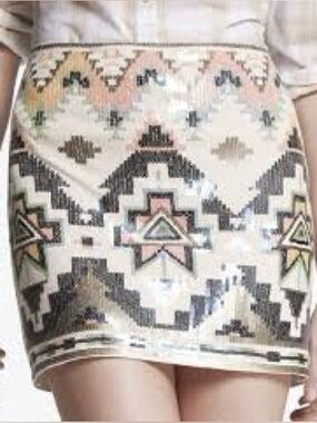Express Sequin Aztec Mini Skirt in White, Navy and Aqua